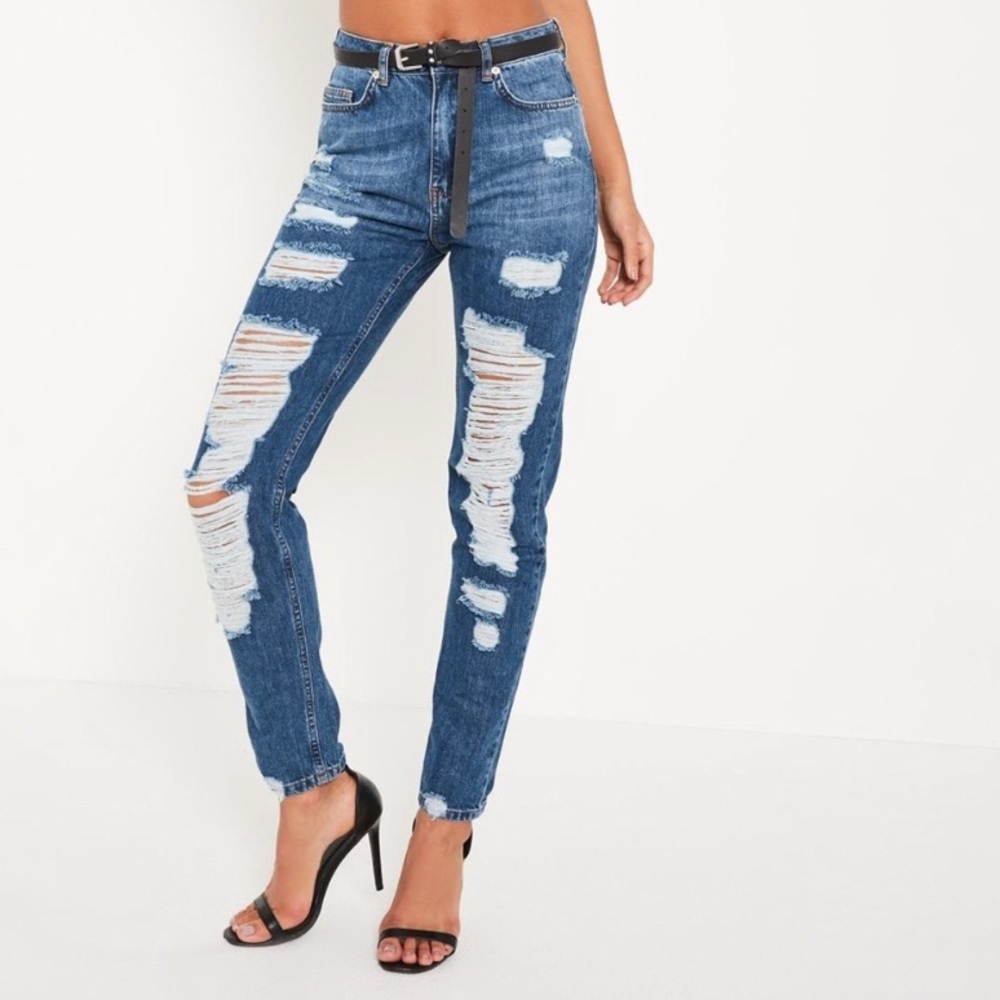 Misguided High Rise Mom Jeans Highly Distressed